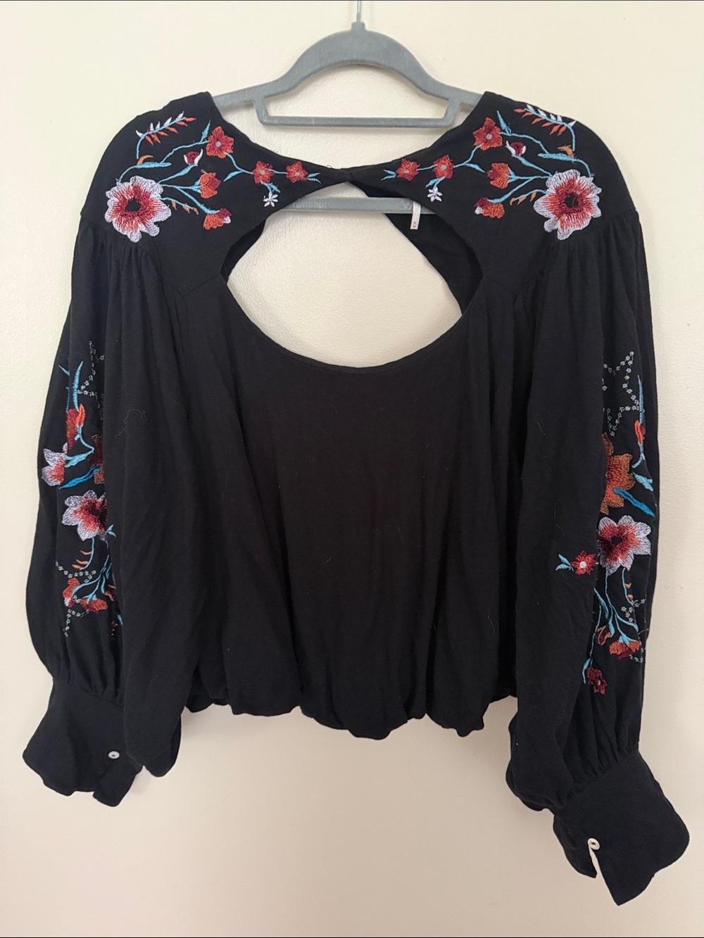 Free People Black Floral Embroidered Open-Back Blouse